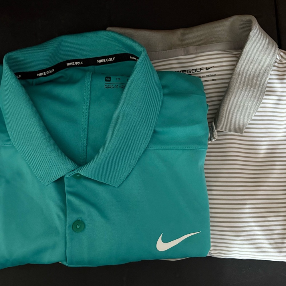 TWO Nike Men's Golf Polo XXL‎ Teal Dry Momentum Gray/White Striped Dry Fit Logo